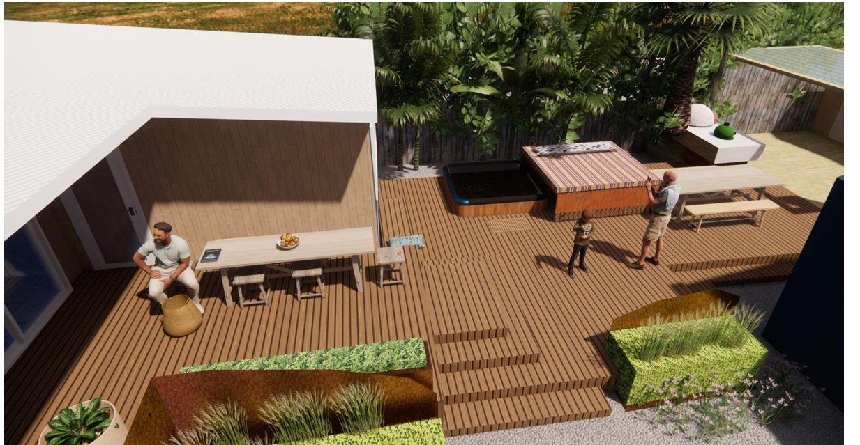 Deck and outdoor living concept render, Haumoana, by Tim Durrant Design