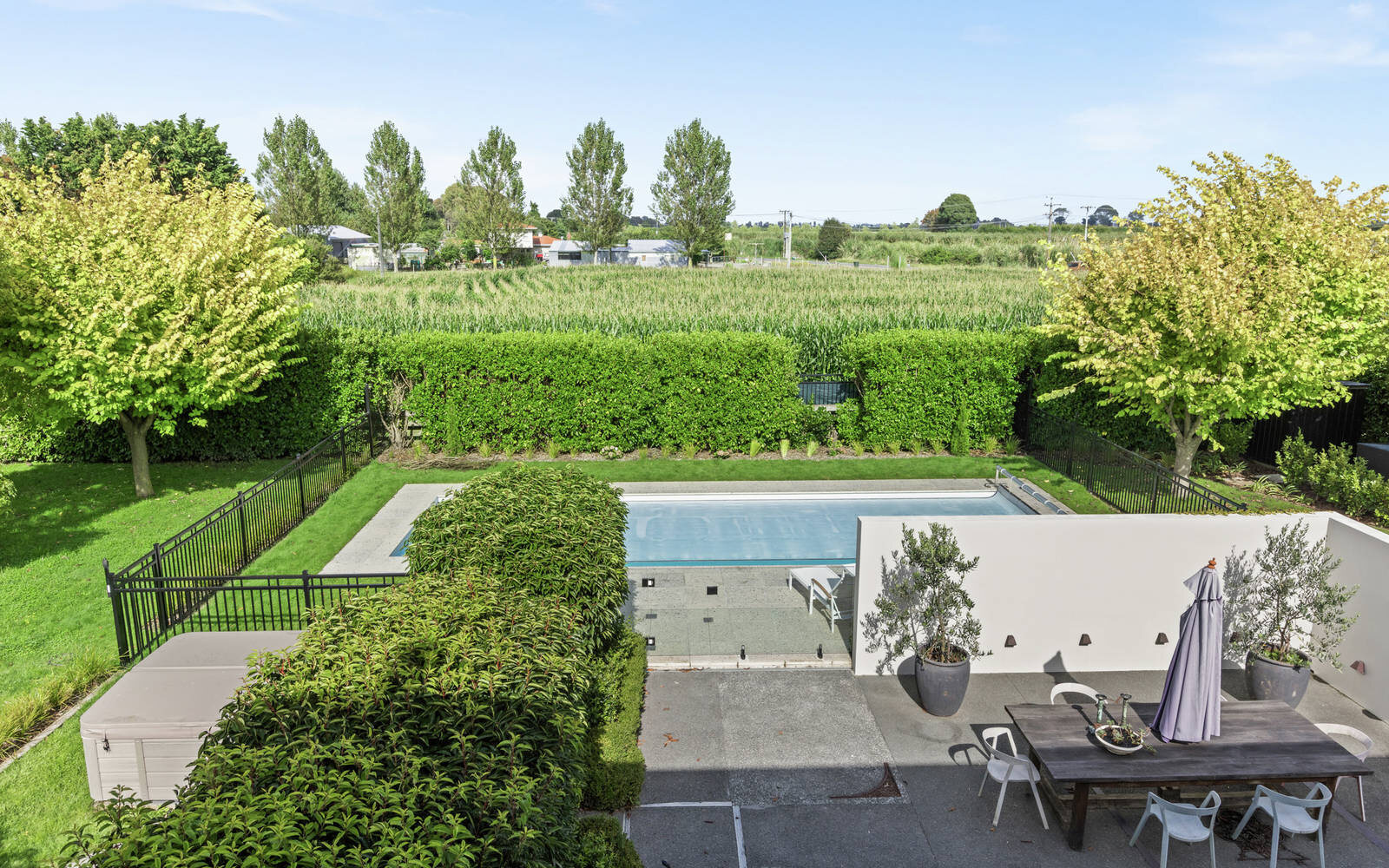 Pool and poolscape from above, Haumoana villa